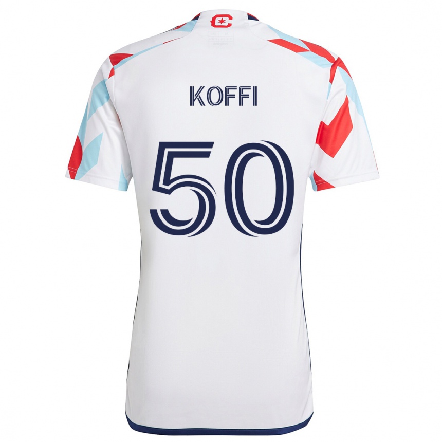 Gyermek Labdarúgás Christian Koffi #50 Fehér Piros Kék Idegenbeli Jersey 2024/25 Mez Póló Ing