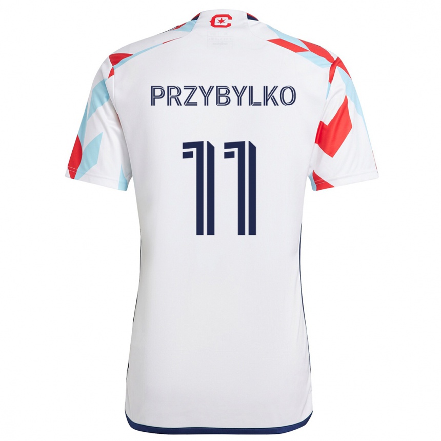 Gyermek Labdarúgás Kacper Przybylko #11 Fehér Piros Kék Idegenbeli Jersey 2024/25 Mez Póló Ing