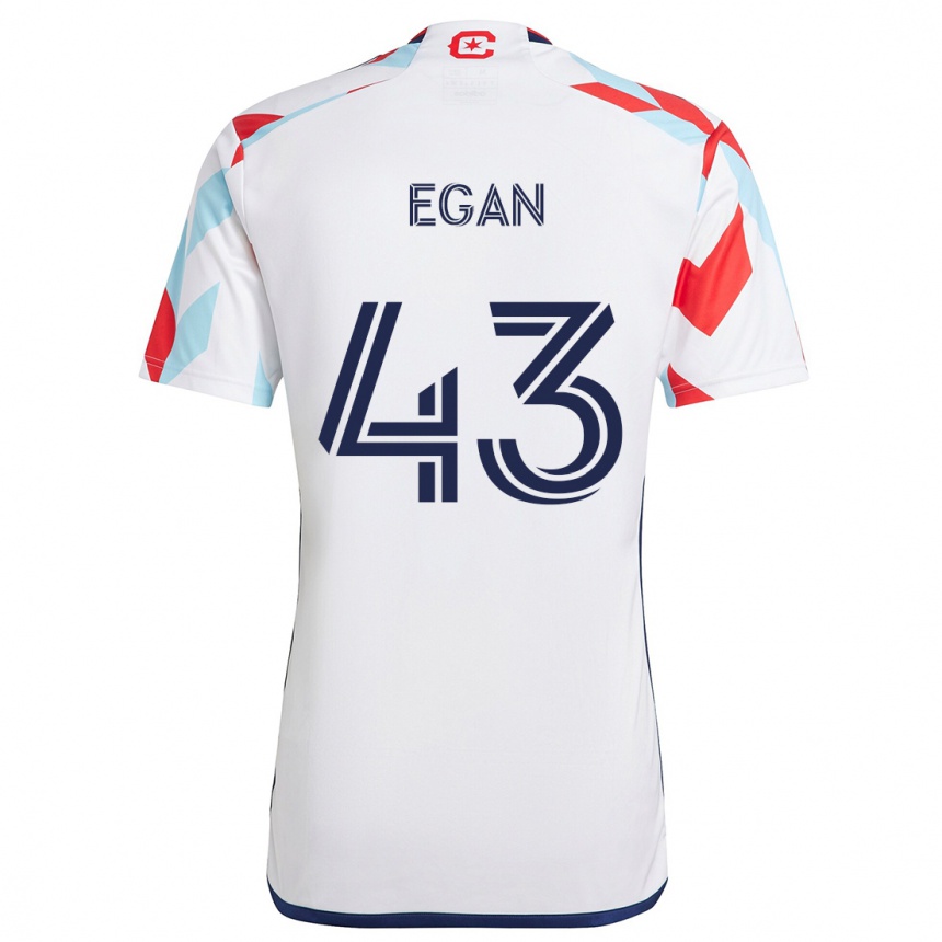 Gyermek Labdarúgás Noah Egan #43 Fehér Piros Kék Idegenbeli Jersey 2024/25 Mez Póló Ing