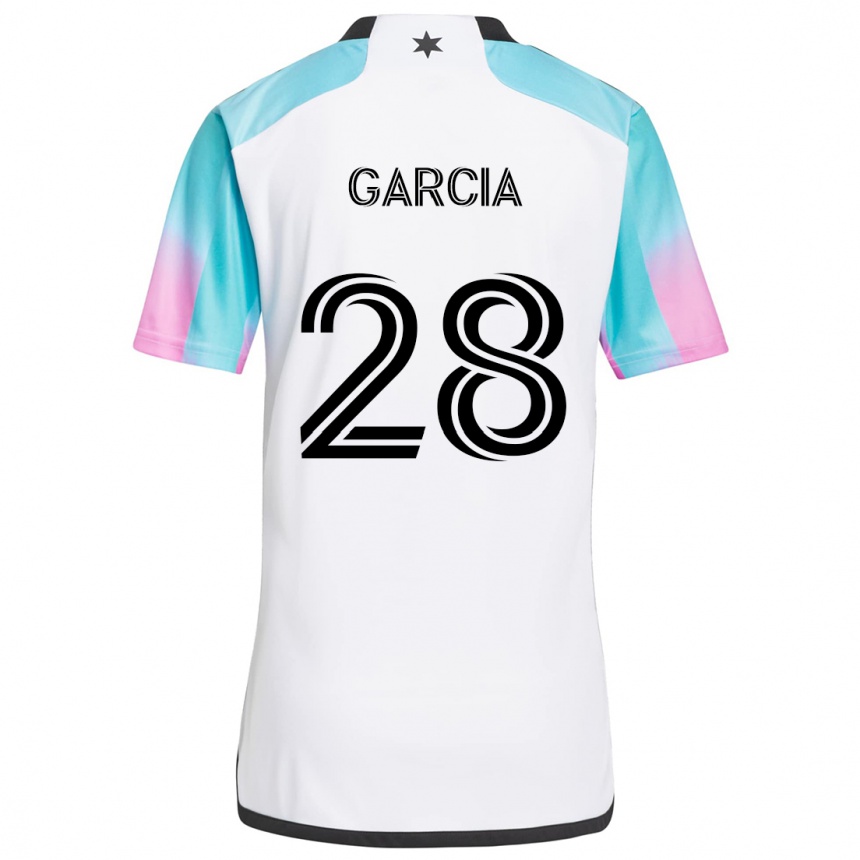 Gyermek Labdarúgás Mender García #28 Fehér Kék Fekete Idegenbeli Jersey 2024/25 Mez Póló Ing