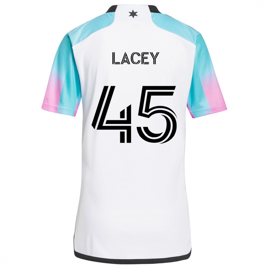 Gyermek Labdarúgás Kameron Lacey #45 Fehér Kék Fekete Idegenbeli Jersey 2024/25 Mez Póló Ing