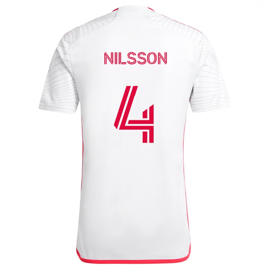 Gyermek Labdarúgás Joakim Nilsson #4 Fehér Piros Idegenbeli Jersey 2024/25 Mez Póló Ing