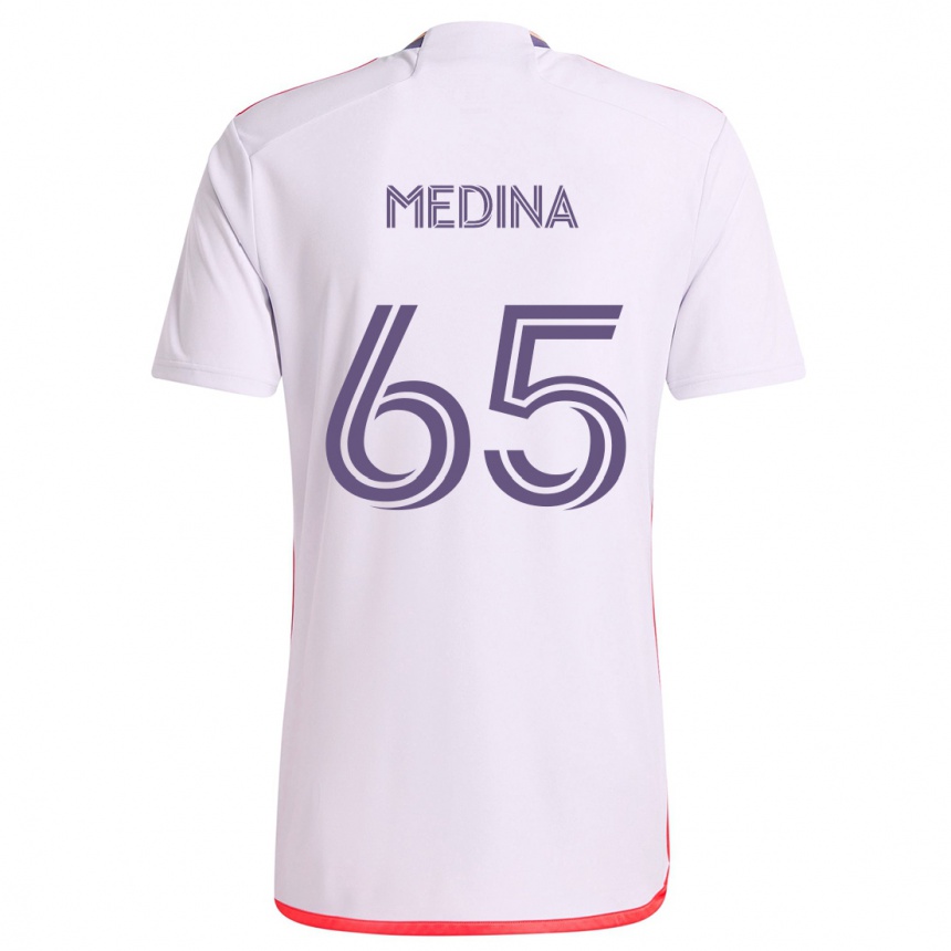 Gyermek Labdarúgás Cristian Medina #65 Fehér Piros Lila Idegenbeli Jersey 2024/25 Mez Póló Ing