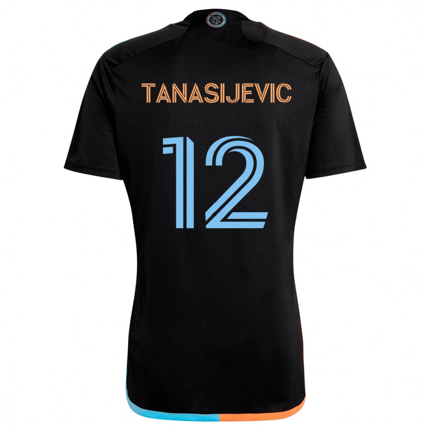 Gyermek Labdarúgás Strahinja Tanasijevic #12 Fekete Narancs Kék Idegenbeli Jersey 2024/25 Mez Póló Ing