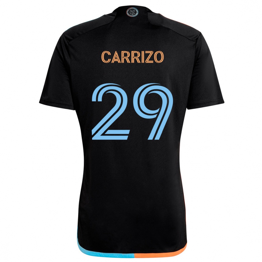 Gyermek Labdarúgás Máximo Carrizo #29 Fekete Narancs Kék Idegenbeli Jersey 2024/25 Mez Póló Ing