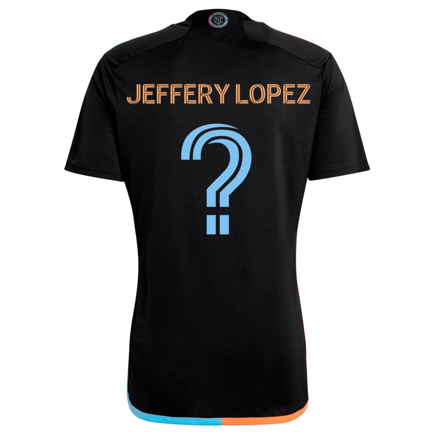 Gyermek Labdarúgás Jeffery López #0 Fekete Narancs Kék Idegenbeli Jersey 2024/25 Mez Póló Ing