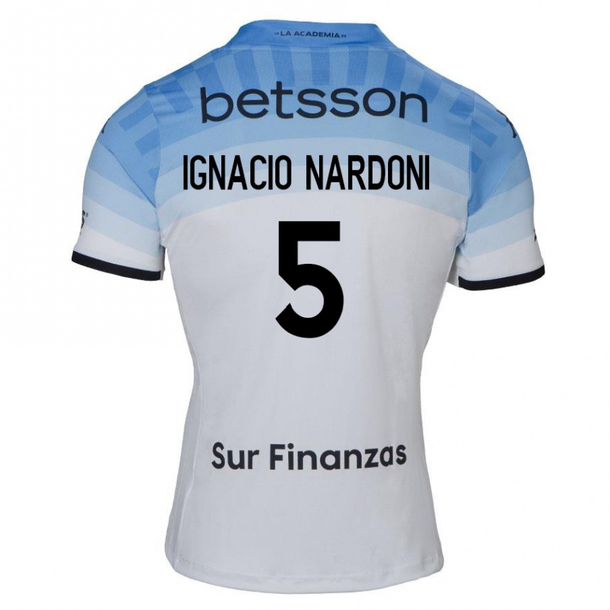 Gyermek Labdarúgás Juan Ignacio Nardoni #5 Fehér Kék Fekete Idegenbeli Jersey 2024/25 Mez Póló Ing