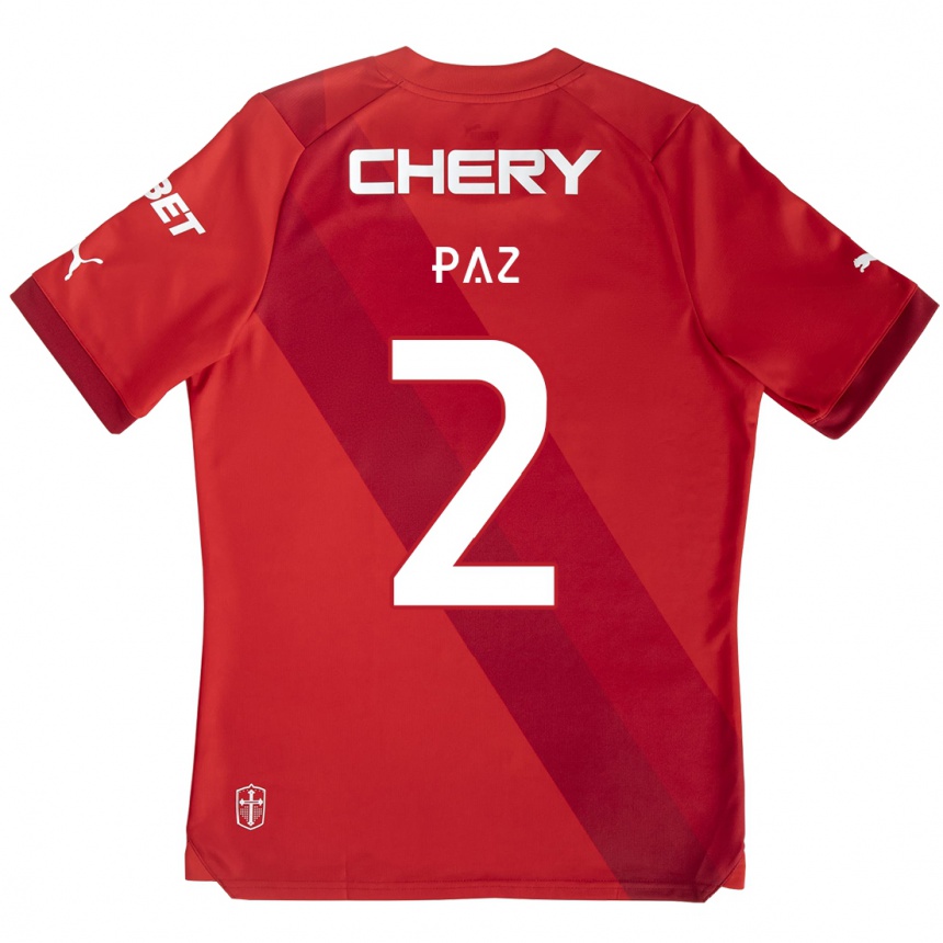 Gyermek Labdarúgás Nehuén Paz #2 Piros Fehér Idegenbeli Jersey 2024/25 Mez Póló Ing