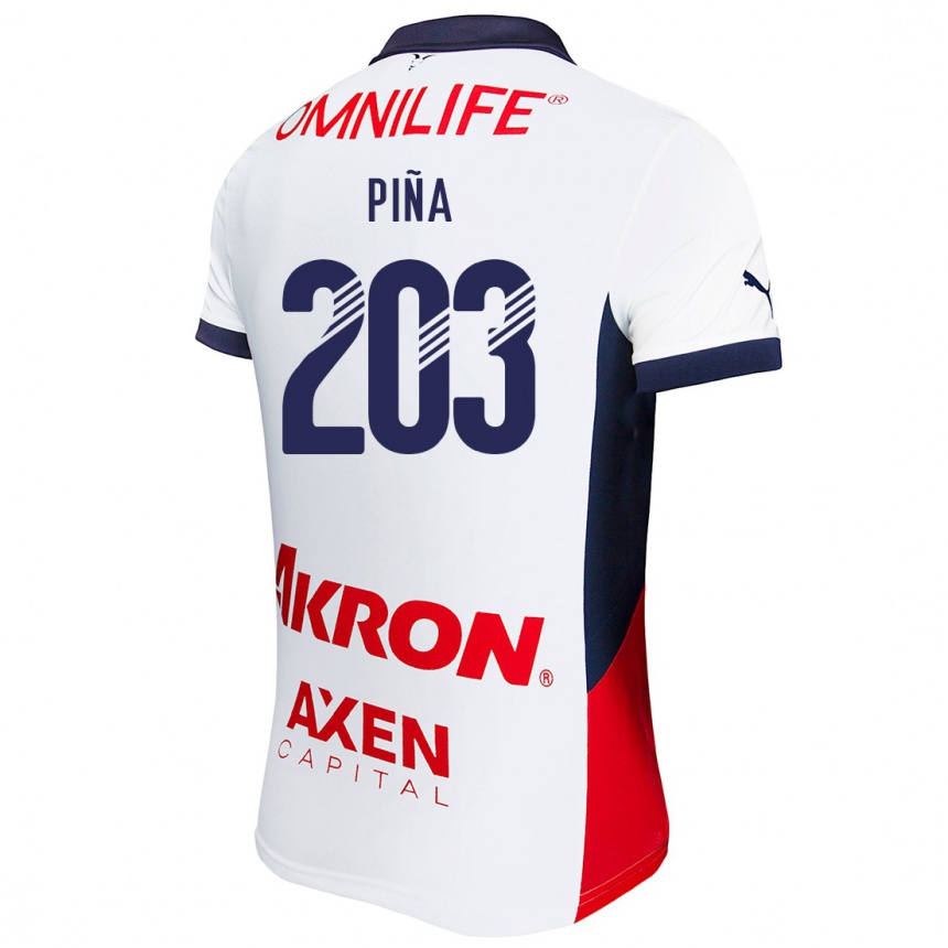 Gyermek Labdarúgás Fernando Piña #203 Fehér Piros Kék Idegenbeli Jersey 2024/25 Mez Póló Ing