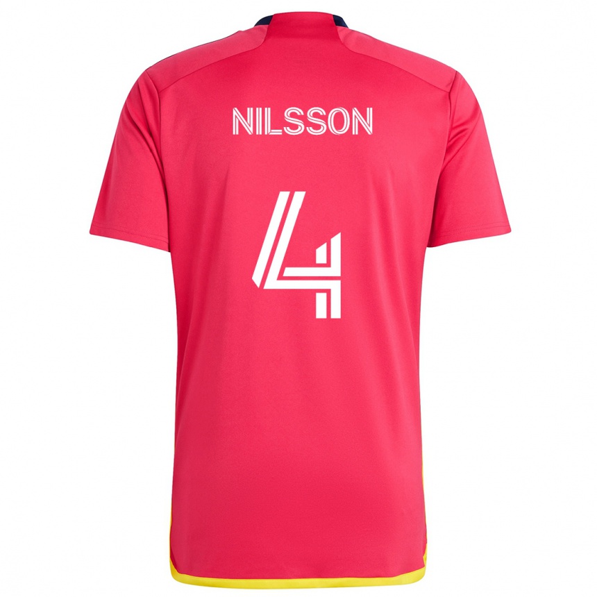 Férfi Labdarúgás Joakim Nilsson #4 Piros Kék Hazai Jersey 2024/25 Mez Póló Ing