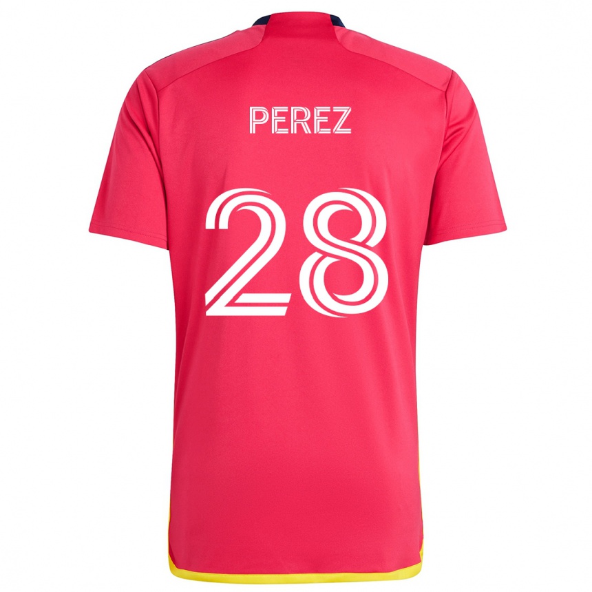 Férfi Labdarúgás Miguel Perez #28 Piros Kék Hazai Jersey 2024/25 Mez Póló Ing