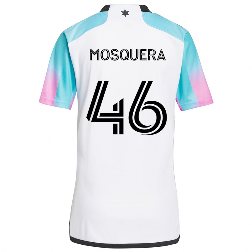 Férfi Labdarúgás Juan Camilo Mosquera #46 Fehér Kék Fekete Idegenbeli Jersey 2024/25 Mez Póló Ing