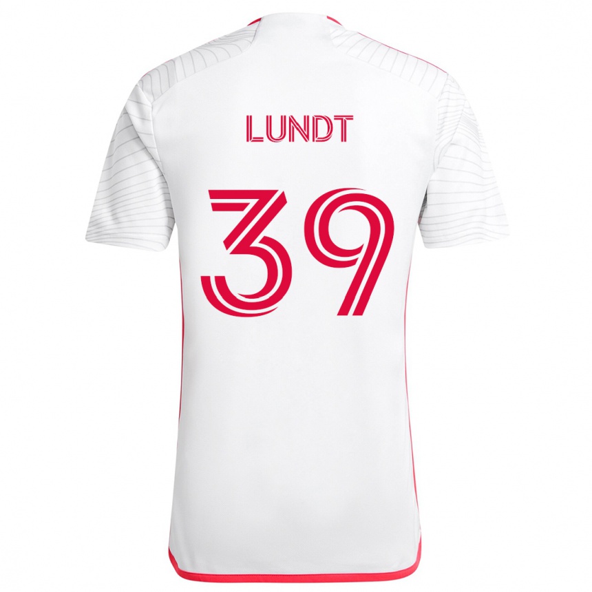 Férfi Labdarúgás Ben Lundt #39 Fehér Piros Idegenbeli Jersey 2024/25 Mez Póló Ing