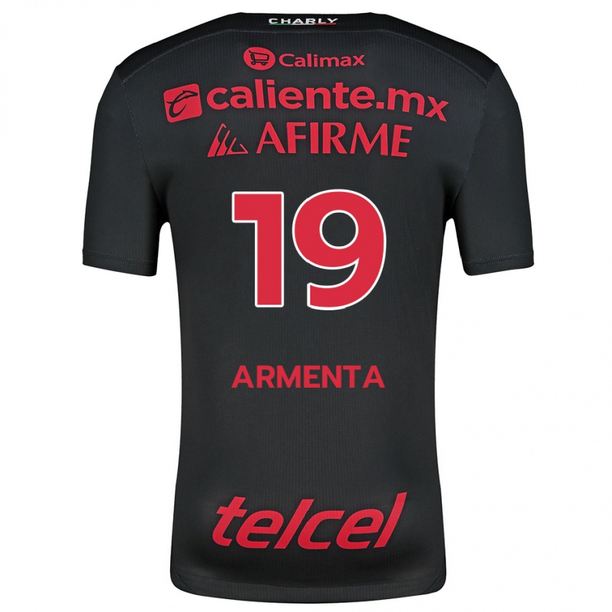 Gyermek Labdarúgás Eduardo Armenta #19 Fekete Piros Hazai Jersey 2024/25 Mez Póló Ing