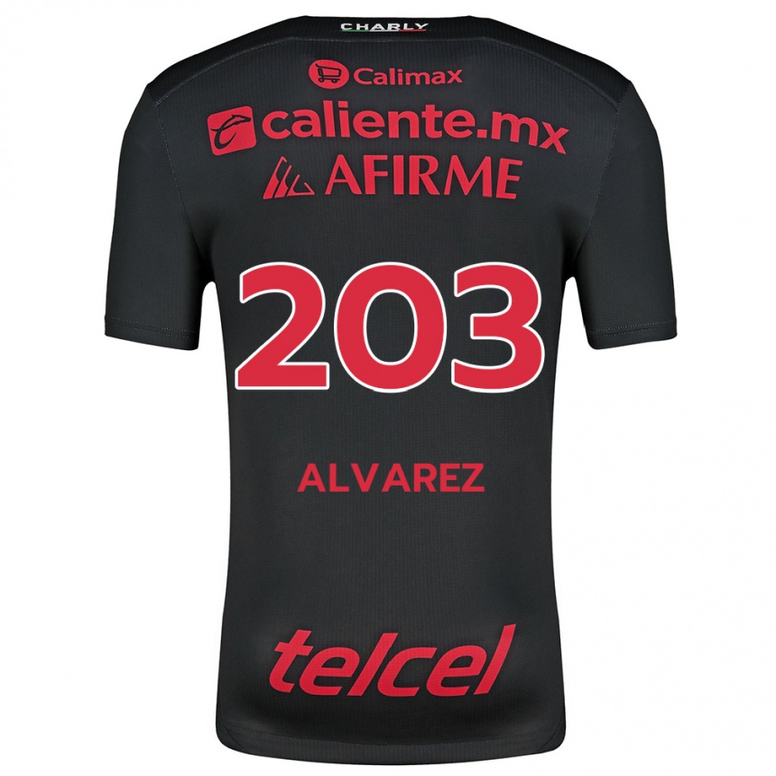 Gyermek Labdarúgás Jaime Álvarez #203 Fekete Piros Hazai Jersey 2024/25 Mez Póló Ing