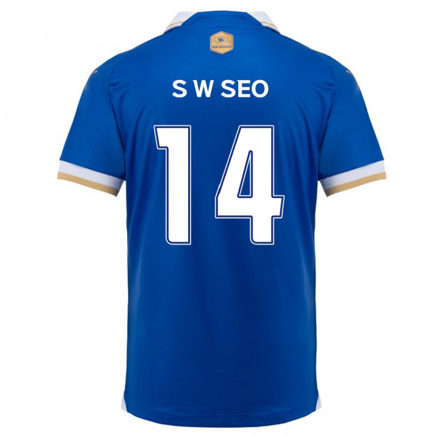 Gyermek Labdarúgás Woo-Seong Seo #14 Kék Fehér Hazai Jersey 2024/25 Mez Póló Ing