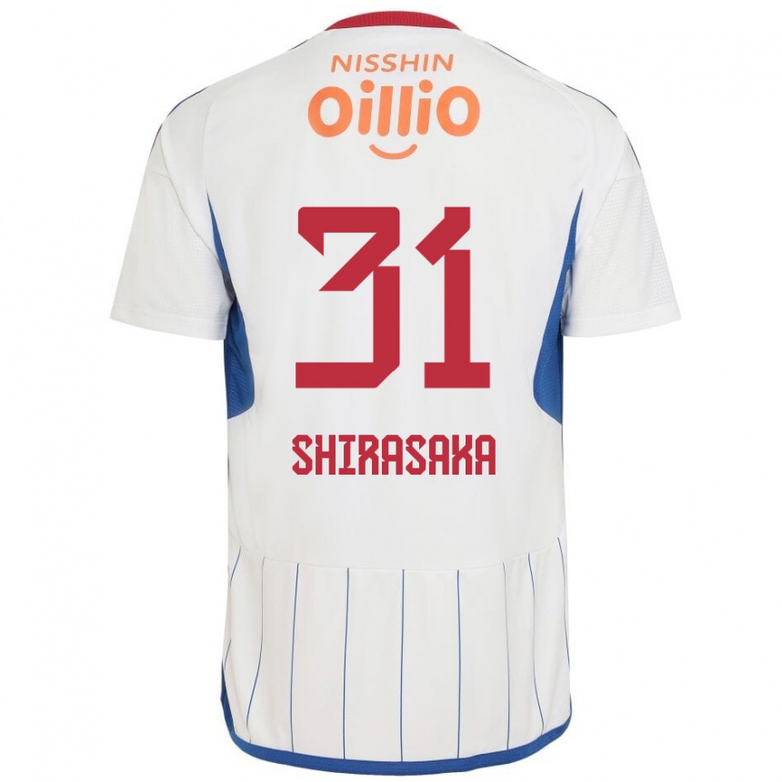 Gyermek Labdarúgás Fuma Shirasaka #31 Fehér Kék Piros Idegenbeli Jersey 2024/25 Mez Póló Ing