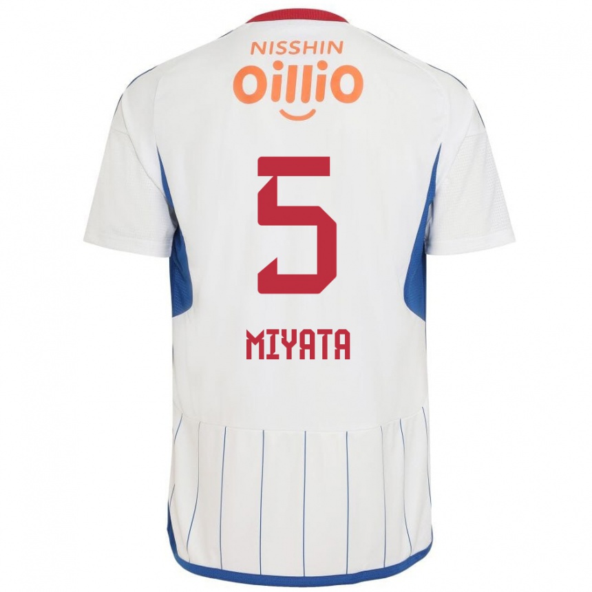 Gyermek Labdarúgás Haru Miyata #5 Fehér Kék Piros Idegenbeli Jersey 2024/25 Mez Póló Ing