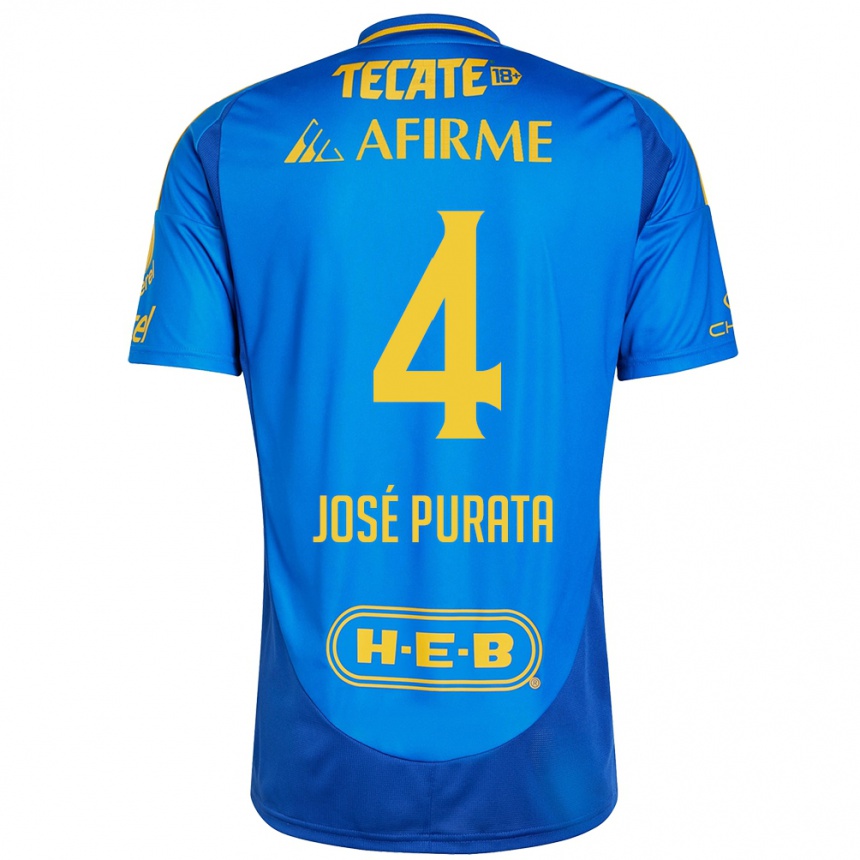 Gyermek Labdarúgás Juan José Purata #4 Kék Sárga Idegenbeli Jersey 2024/25 Mez Póló Ing