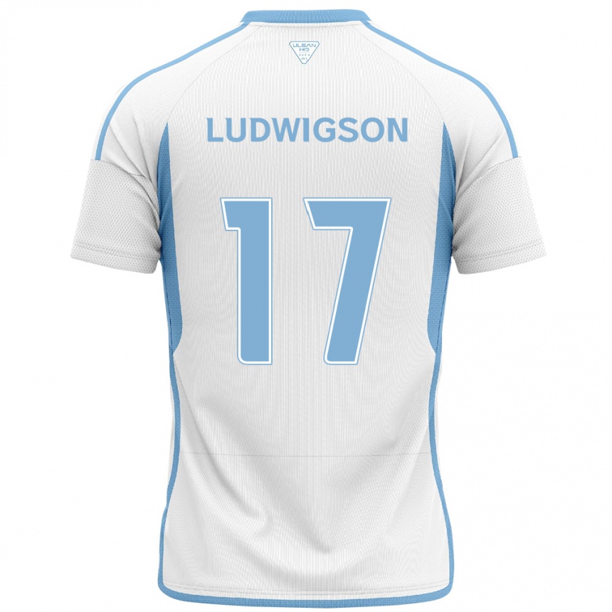 Gyermek Labdarúgás Gustav Ludwigson #17 Fehér Kék Idegenbeli Jersey 2024/25 Mez Póló Ing