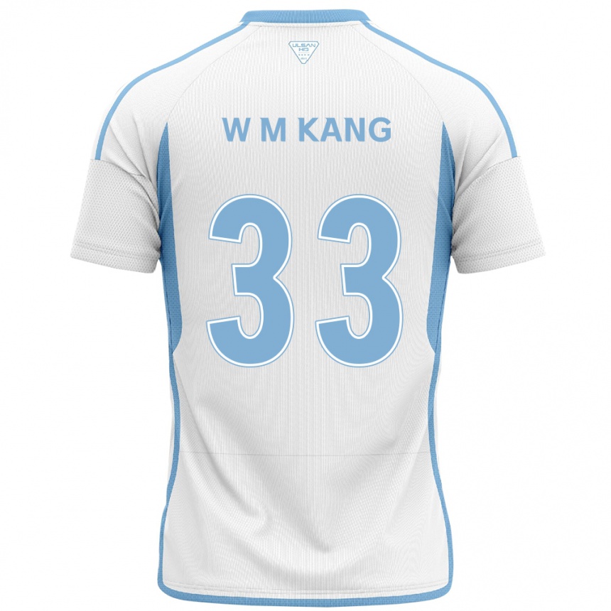 Gyermek Labdarúgás Min-Woo Kang #33 Fehér Kék Idegenbeli Jersey 2024/25 Mez Póló Ing