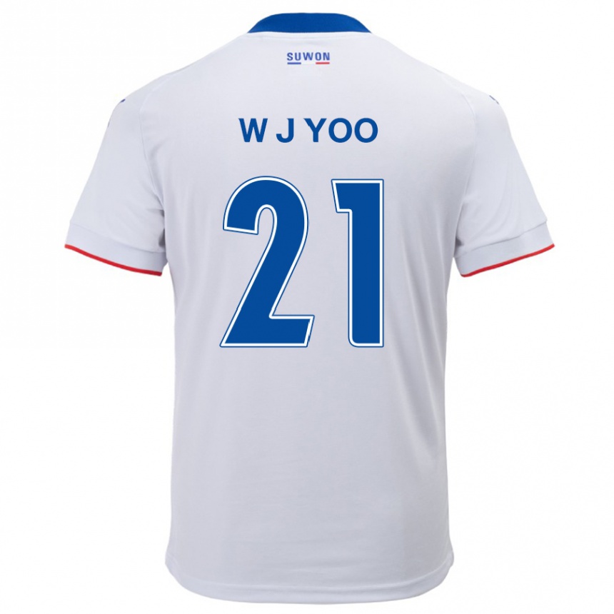 Gyermek Labdarúgás Jin-Wook Yoo #21 Fehér Kék Idegenbeli Jersey 2024/25 Mez Póló Ing