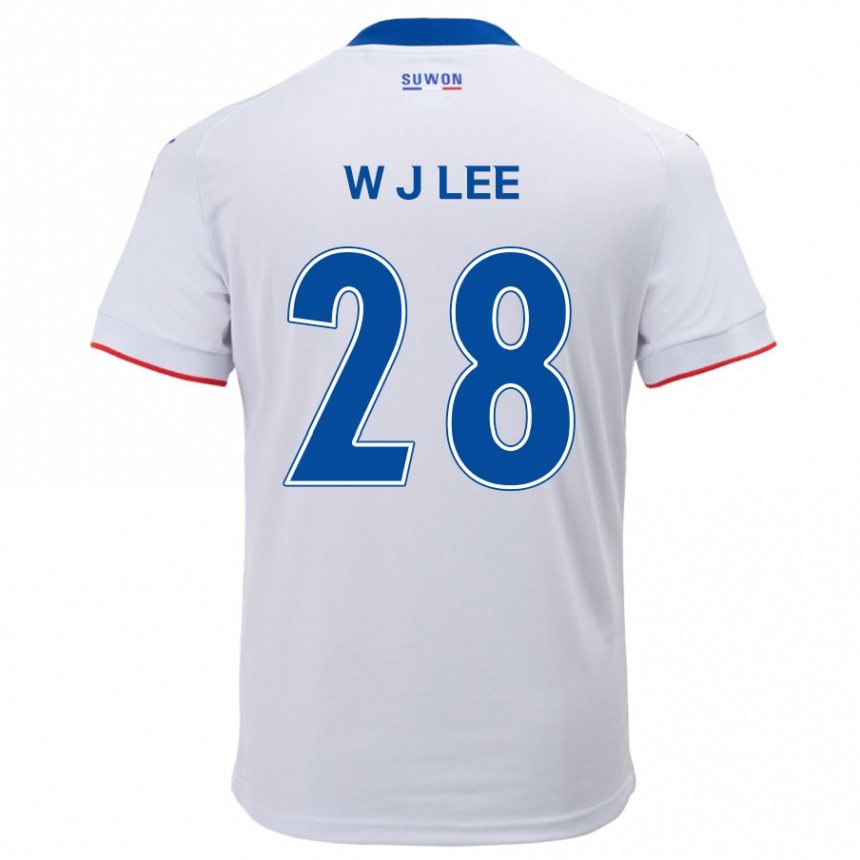 Gyermek Labdarúgás Jun-Woo Lee #28 Fehér Kék Idegenbeli Jersey 2024/25 Mez Póló Ing