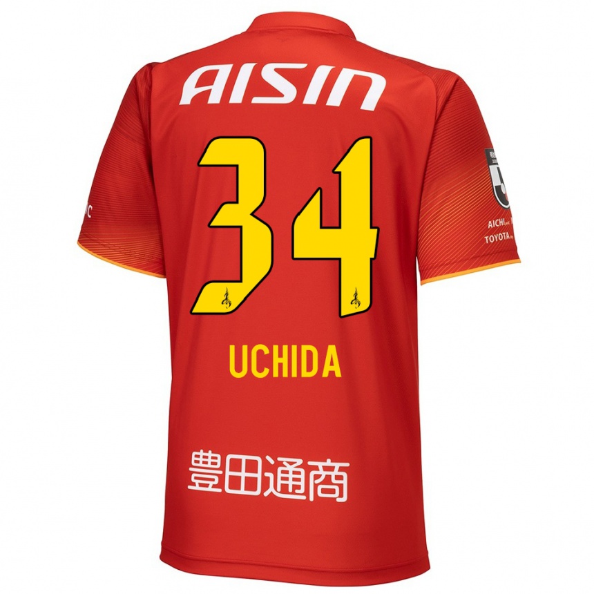 Férfi Labdarúgás Takuya Uchida #34 Piros Fehér Sárga Hazai Jersey 2024/25 Mez Póló Ing