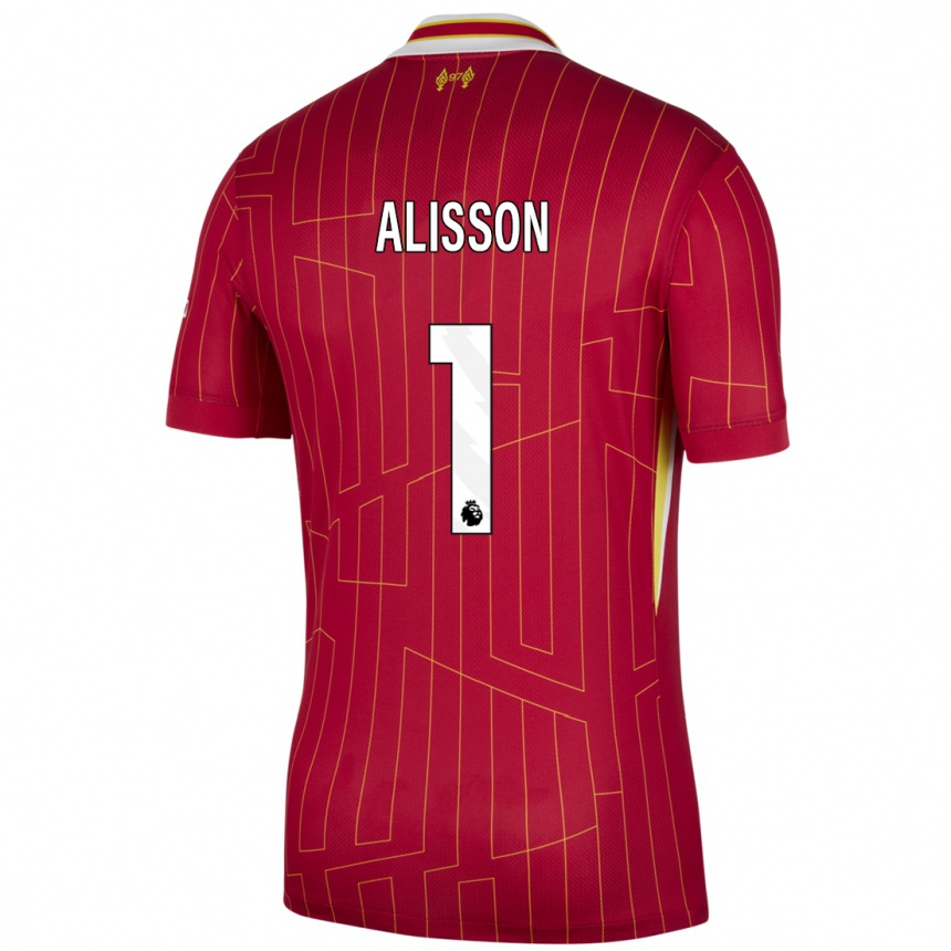 Gyermek Labdarúgás Alisson #1 Piros Sárga Fehér Hazai Jersey 2024/25 Mez Póló Ing