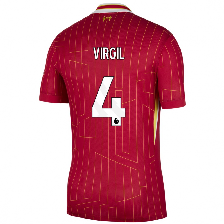 Gyermek Labdarúgás Virgil Van Dijk #4 Piros Sárga Fehér Hazai Jersey 2024/25 Mez Póló Ing