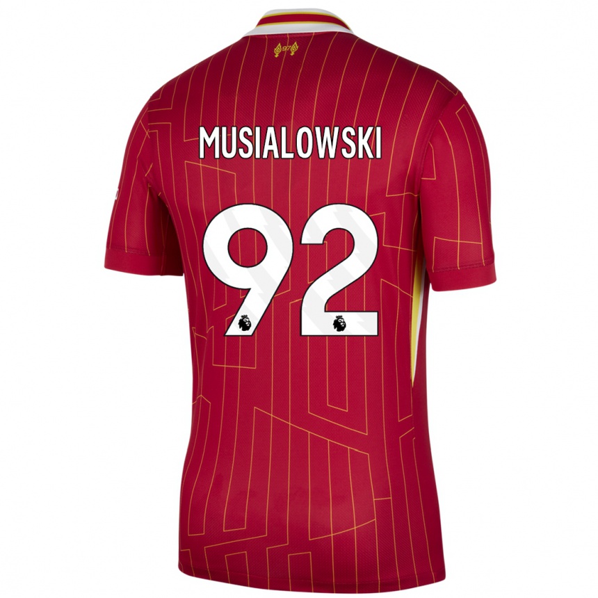 Gyermek Labdarúgás Mateusz Musialowski #92 Piros Sárga Fehér Hazai Jersey 2024/25 Mez Póló Ing