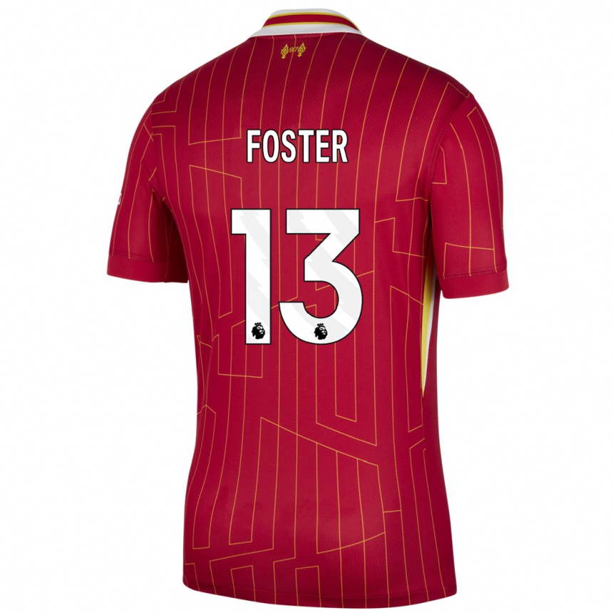 Gyermek Labdarúgás Rylee Foster #13 Piros Sárga Fehér Hazai Jersey 2024/25 Mez Póló Ing