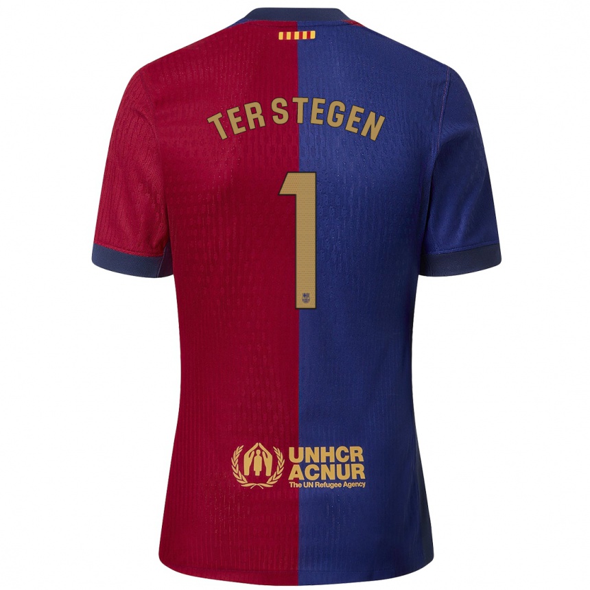 Gyermek Labdarúgás Marc-Andre Ter Stegen #1 Kék Piros Hazai Jersey 2024/25 Mez Póló Ing