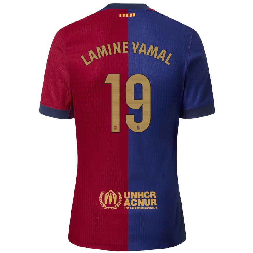 Gyermek Labdarúgás Lamine Yamal #19 Kék Piros Hazai Jersey 2024/25 Mez Póló Ing