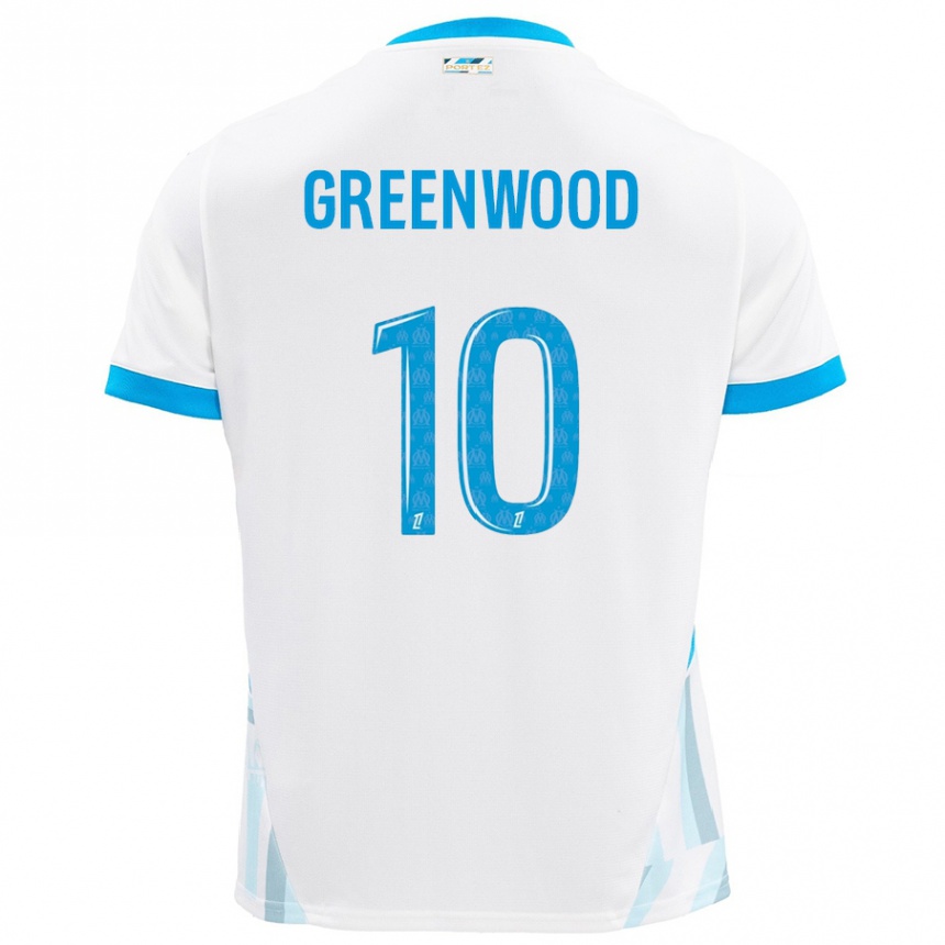 Gyermek Labdarúgás Mason Greenwood #10 Fehér Ég Kék Hazai Jersey 2024/25 Mez Póló Ing