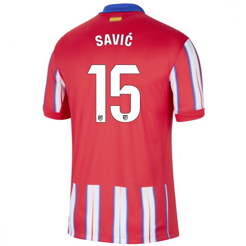 Gyermek Labdarúgás Stefan Savic #15 Piros Fehér Kék Hazai Jersey 2024/25 Mez Póló Ing