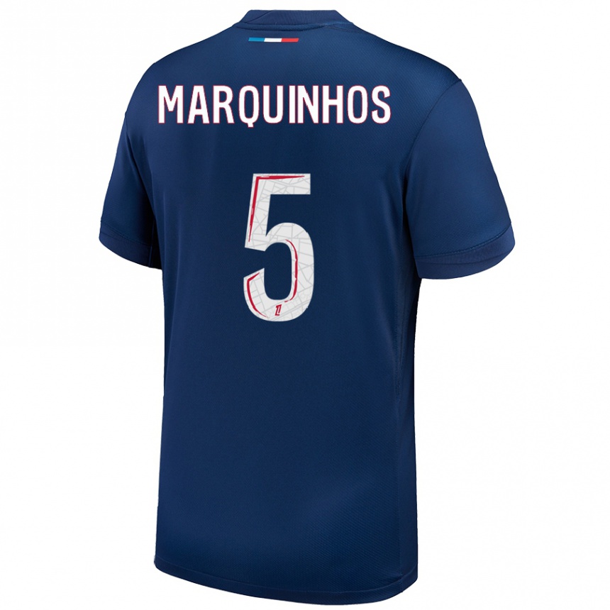 Gyermek Labdarúgás Marquinhos #5 Sötétkék Fehér Hazai Jersey 2024/25 Mez Póló Ing