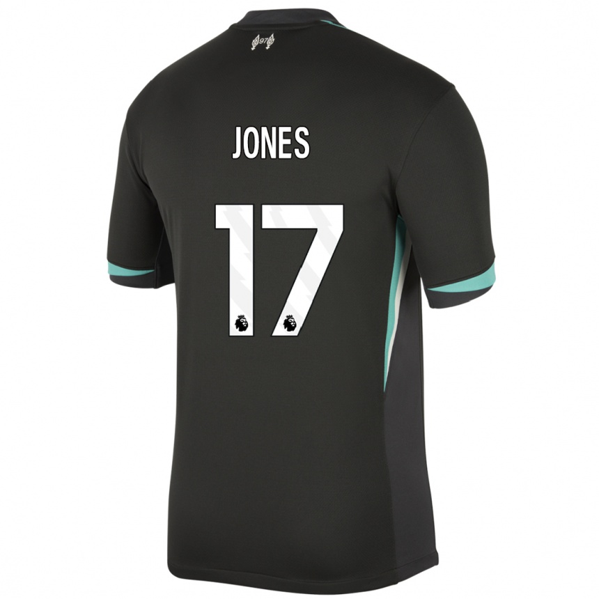 Gyermek Labdarúgás Curtis Jones #17 Fekete Antracit Fehér Idegenbeli Jersey 2024/25 Mez Póló Ing