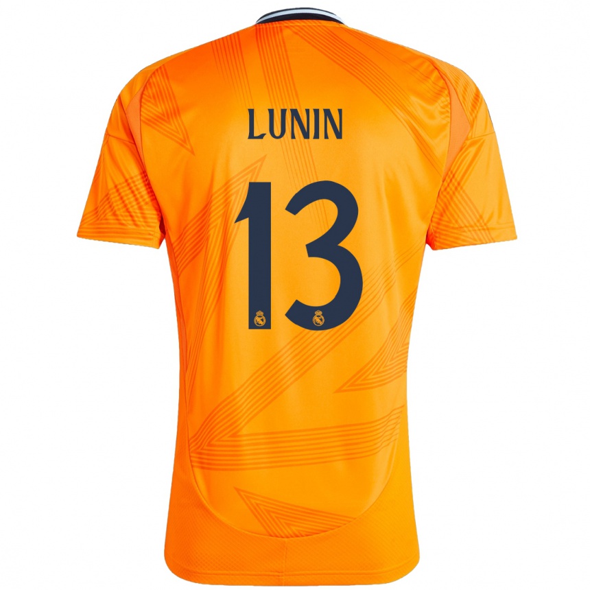 Gyermek Labdarúgás Andriy Lunin #13 Narancs Idegenbeli Jersey 2024/25 Mez Póló Ing