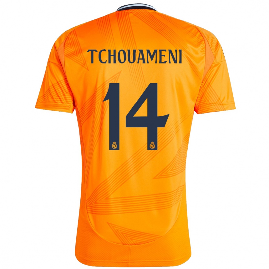 Gyermek Labdarúgás Aurelien Tchouameni #14 Narancs Idegenbeli Jersey 2024/25 Mez Póló Ing