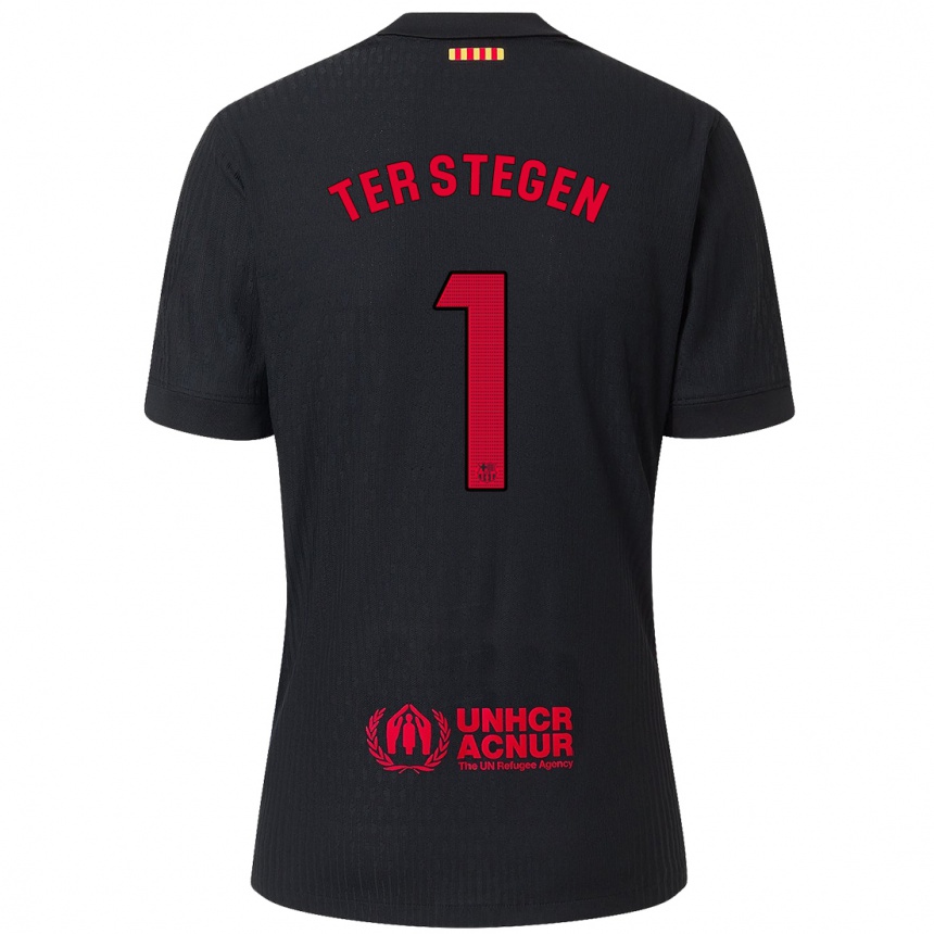 Gyermek Labdarúgás Marc-Andre Ter Stegen #1 Fekete Piros Idegenbeli Jersey 2024/25 Mez Póló Ing