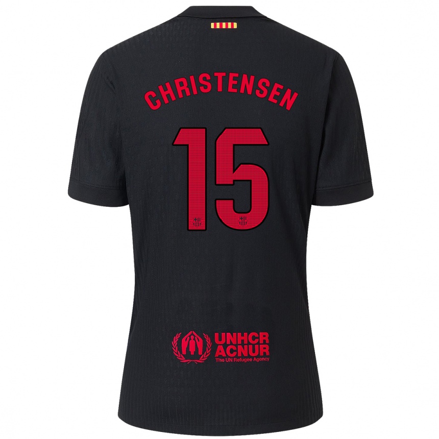 Gyermek Labdarúgás Andreas Christensen #15 Fekete Piros Idegenbeli Jersey 2024/25 Mez Póló Ing