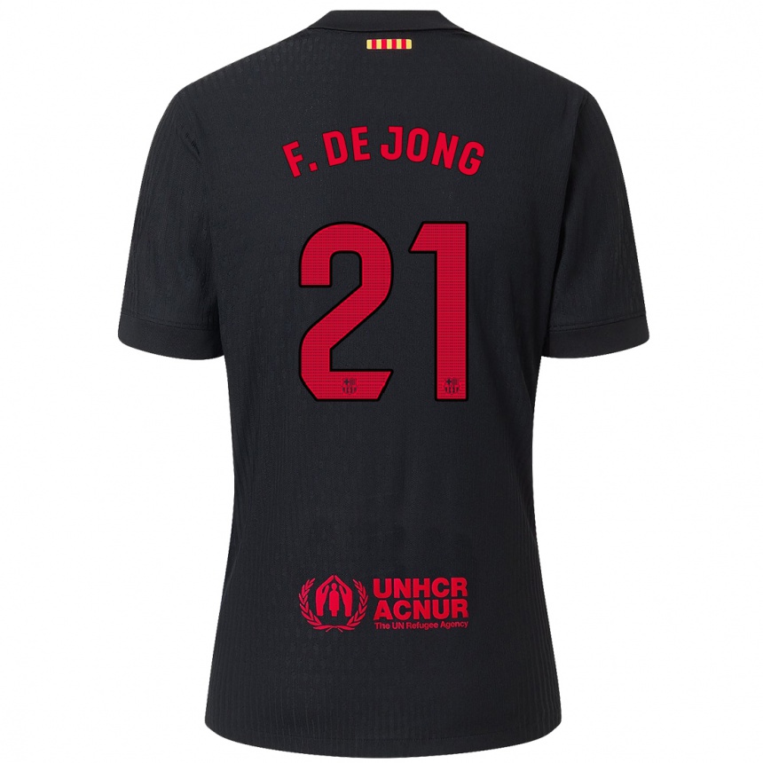 Gyermek Labdarúgás Frenkie De Jong #21 Fekete Piros Idegenbeli Jersey 2024/25 Mez Póló Ing