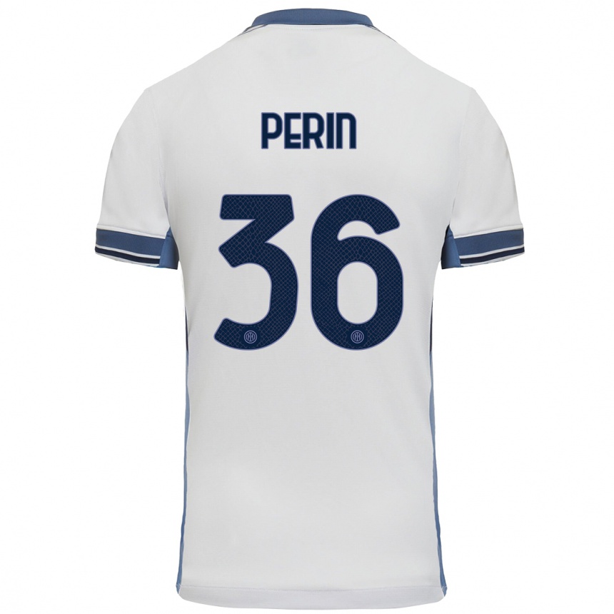 Gyermek Labdarúgás Nicolo Perin #36 Fehér Szürke Idegenbeli Jersey 2024/25 Mez Póló Ing