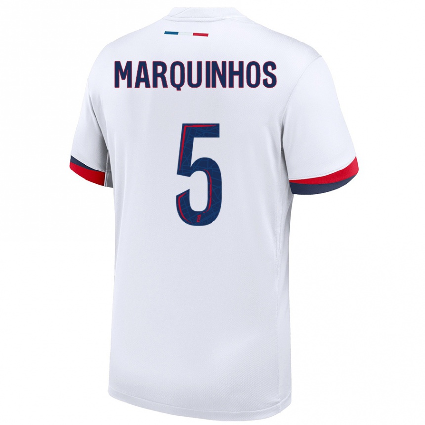 Gyermek Labdarúgás Marquinhos #5 Fehér Kék Piros Idegenbeli Jersey 2024/25 Mez Póló Ing