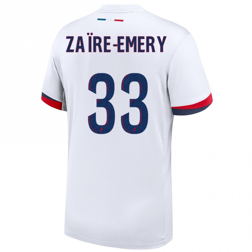 Gyermek Labdarúgás Warren Zaire Emery #33 Fehér Kék Piros Idegenbeli Jersey 2024/25 Mez Póló Ing