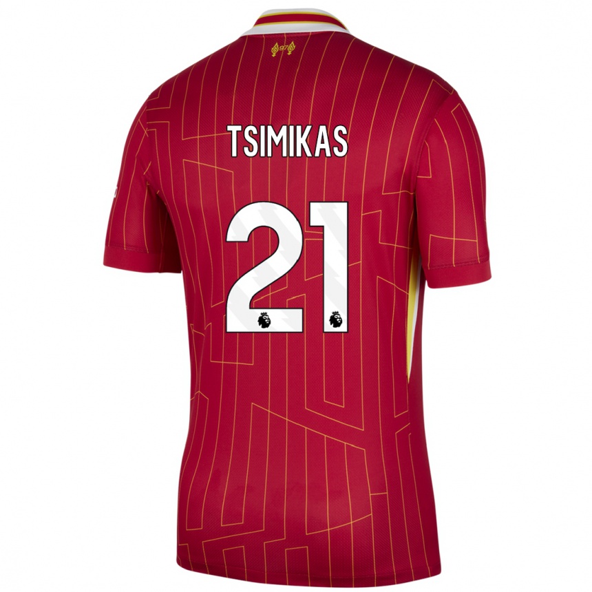 Női Labdarúgás Konstantinos Tsimikas #21 Piros Sárga Fehér Hazai Jersey 2024/25 Mez Póló Ing