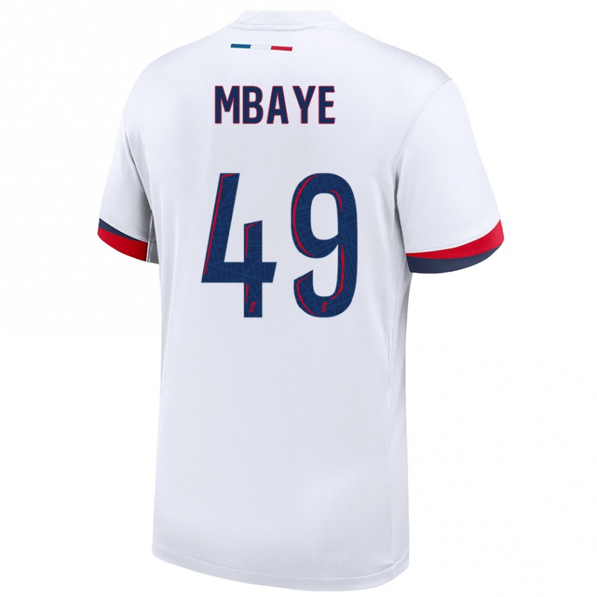 Női Labdarúgás Ibrahim Mbaye #49 Fehér Kék Piros Idegenbeli Jersey 2024/25 Mez Póló Ing