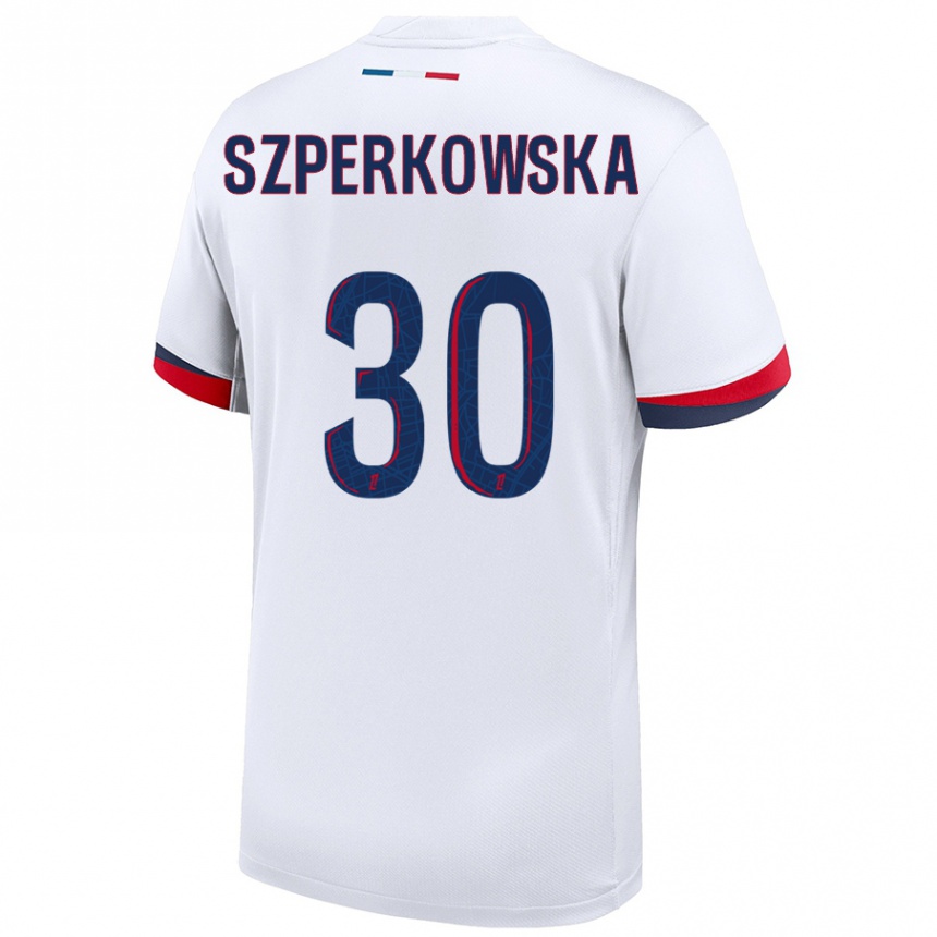 Női Labdarúgás Oliwia Szperkowska #30 Fehér Kék Piros Idegenbeli Jersey 2024/25 Mez Póló Ing