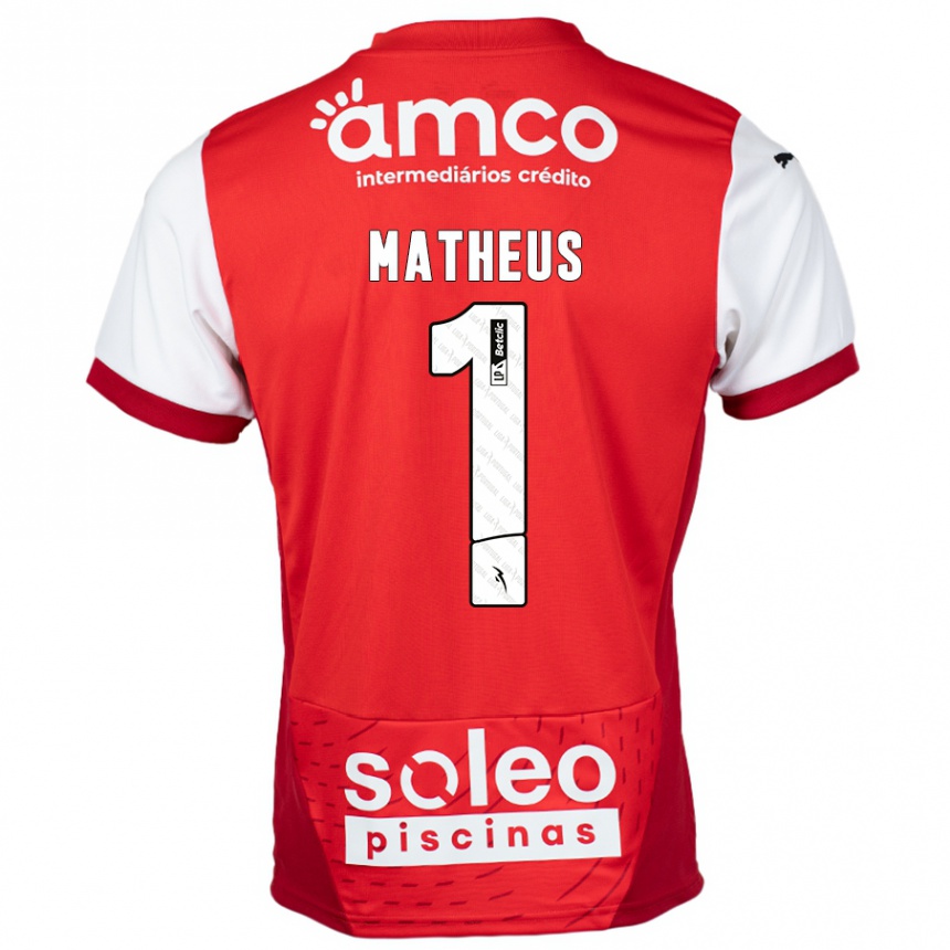 Gyermek Labdarúgás Matheus #1 Piros Fehér Hazai Jersey 2024/25 Mez Póló Ing